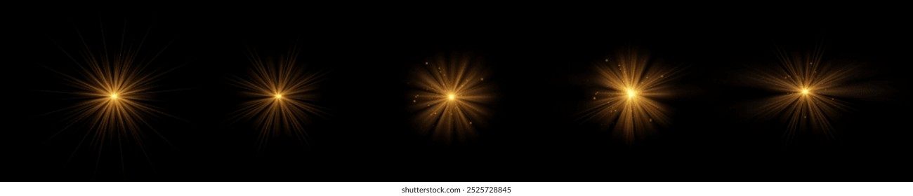 Yellow light effect reflections, neon illumination in yellow colors. Bright light lens. Police light effects, lines. Shiny stars, glowing sparks on a black background. Vector
