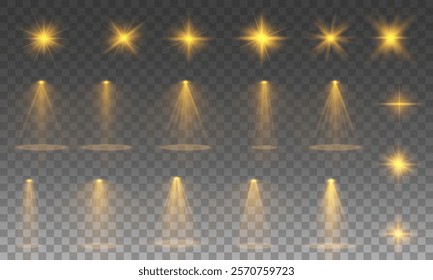 Yellow light effects. Beam from a spotlight and a star. Gold Shine, glow, white. Glowing abstract isolated light effects lens. Lens flash, explosion, spark.	