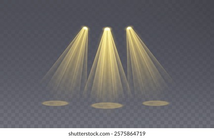 Yellow light effects. Beam from a spotlight and a star. Gold Shine, glow, white. Glowing abstract isolated light effects lens. Lens flash, explosion, spark.	
