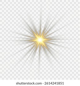  Yellow light effects. Beam from a spotlight and a star. Gold Shine, glow, white. Glowing abstract isolated light effects lens. Lens flash, explosion, spark.