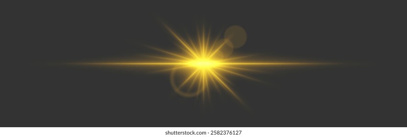 Yellow light flare with a bright glow and lens reflections on a dark transparent background. Radiating beams and a horizontal light streak create a dynamic illumination effect