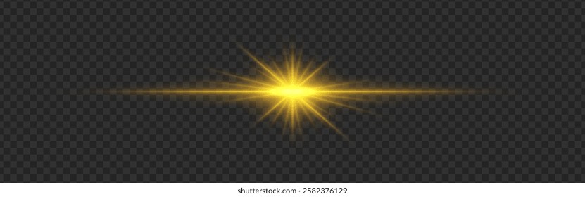 Yellow light flare with a bright glow and lens reflections on a dark transparent background. Radiating beams and a horizontal light streak create a dynamic illumination effect