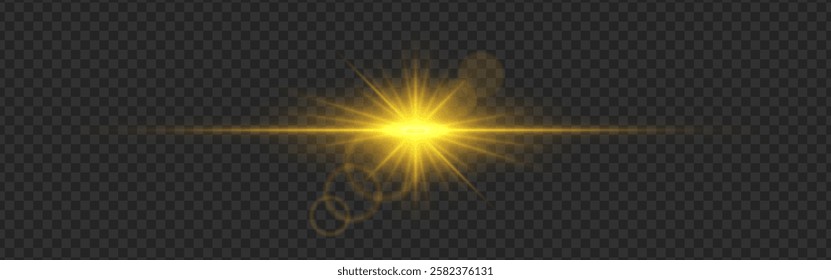 Yellow light flare with a bright glow and lens reflections on a dark transparent background. Radiating beams and a horizontal light streak create a dynamic illumination effect