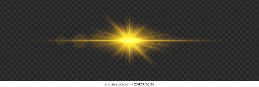 Yellow light flare with a bright glow and lens reflections on a dark transparent background. Radiating beams and a horizontal light streak create a dynamic illumination effect