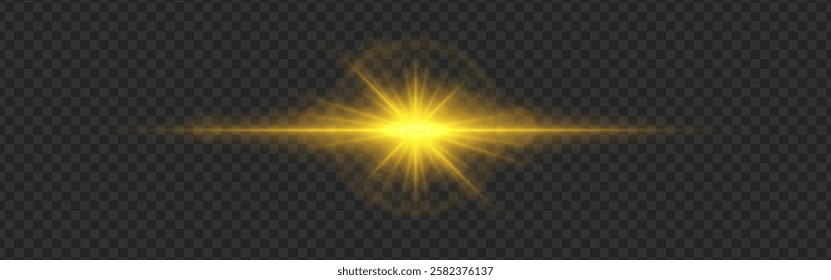 Yellow light flare with a bright glow and lens reflections on a dark transparent background. Radiating beams and a horizontal light streak create a dynamic illumination effect