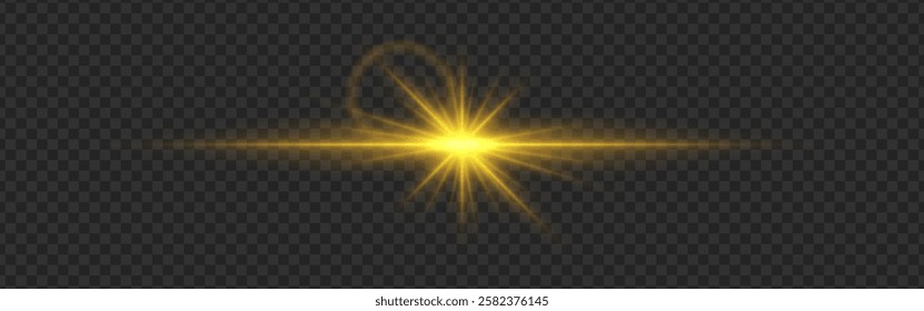 Yellow light flare with a bright glow and lens reflections on a dark transparent background. Radiating beams and a horizontal light streak create a dynamic illumination effect