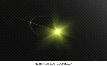 Yellow light flash with rays and glare on transparent background. Bright shine and glow effect.