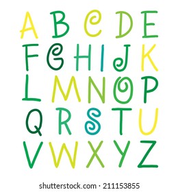 Yellow, Light Green and green vector alphabet letters on white illustration