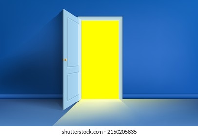 Yellow light inside the open door isolated on blue background. Room interior design element. Modern minimal concept. Opportunity metaphor. 3D illustration.