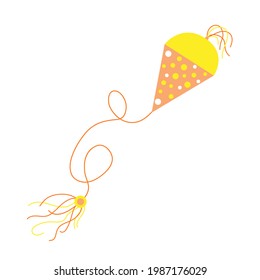 Yellow and light orange kite with ropes and polka dot pattern, child's toy, simple cartoon style vector illstration, image for cards, invitations, holiday celebration design