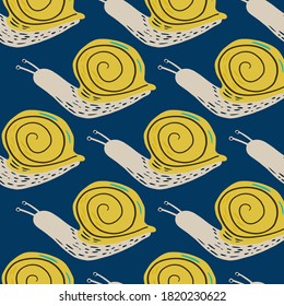 Los caracoles de color amarillo y rosa claro son tontos sin fisuras. Fondo azul marino. Fondo de fauna silvestre. Fondo de fondo para papel pintado, textil, papel envolvente, impresión de tela. Ilustración del vector