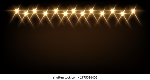Yellow light from projectors on black background. Spotlight with beams effect on stage vector illustration. Abstract bright disco light at party or entertainment event, festival.