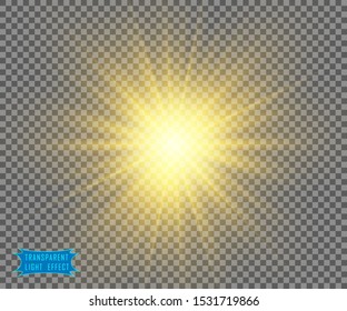 The yellow light of the sun, the flash of a star. Soft, glow transparent rays. Vector design element on isolated background.