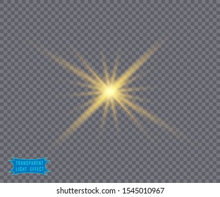 The yellow light of the sun, the flash of a star. Soft, glow transparent rays. Vector design element on isolated background.