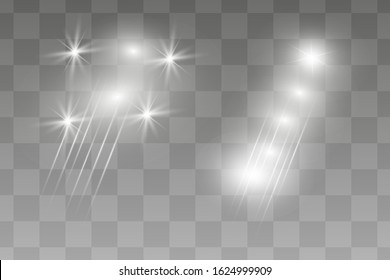 The yellow light of the sun, the flash of a star. Soft, glow transparent rays. Vector design element on isolated background.