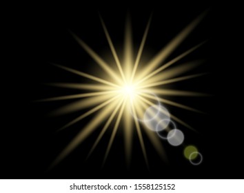 The yellow light of the sun, the glare of optics. Vector illustration isolated background.