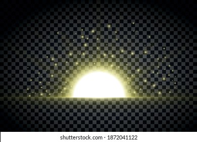 Gelbes Licht durch Sonnenaufgang. Helle Sonnenstrahlen und brillante funkelnde Aroma, Sterne. Abstrakter Lichteffekt auf transparentem Hintergrund.