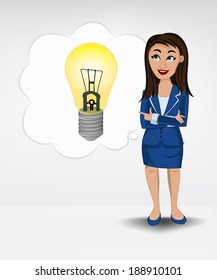 yellow lightbulb in bubble idea concept of woman in suit vector illustration