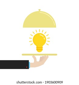 yellow lightbulb with hand like easy insight. flat simple style trend modern graphic art design isolated on white background. metaphor of did you know, imagination, human intelligence or education