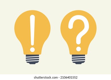 Yellow lightbulb, lamp with exclamation mark and quiestion mark. Light bulb symbol. Idea, quick tips concept. Vector illustration