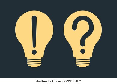 Yellow lightbulb, lamp with exclamation mark and question mark. Light bulb symbol. Idea, quick tips concept. Vector illustration