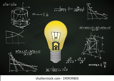 yellow lightbulb on blackboard with math calculations vector illustration