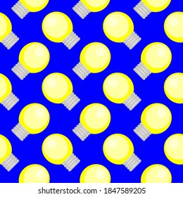 Yellow lightbulb, seamless pattern on dark blue background.