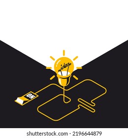 Yellow Lightbulb Turn The Idea Into Dark Background With Copy Space For Card, Poster, And Wallpaper. Bright Creative Suggestion Idea Concept. Vector Illustration Isometric Flat Design.