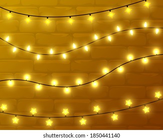 Yellow lighting, Christmas glowing garland. Garlands decoration. Yellow lights isolated realistic design elements on wood background. Vector illustration