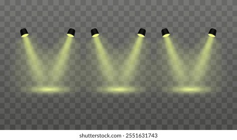 Yellow lighting set projector. Adjustable spotlights, angled beams, ceiling-mounted fixtures, bright illumination, modern stage setup, vibrant lighting, event decoration, contemporary design