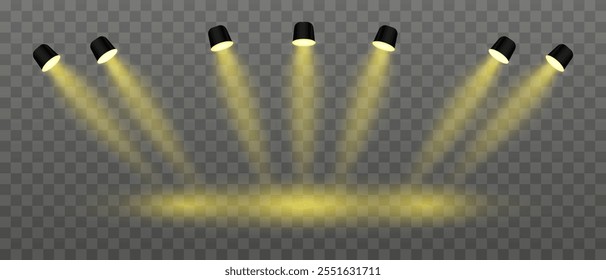 Yellow lighting set projector. Multiple angled spotlights, vivid beams, ceiling-mounted fixtures, stage lighting, event decor, bright illumination, modern interior design, electric equipment