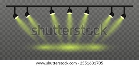 Yellow lighting set projector. Multiple spotlights, angled beams, warm orange glow, ceiling-mounted fixtures, stage illumination, event setup, contemporary design, interior lighting, electric decor