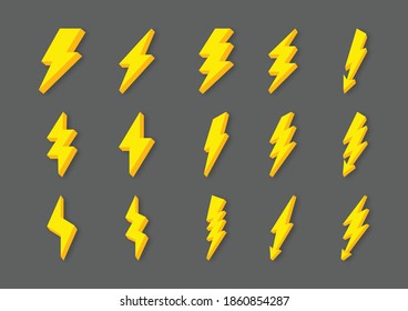 el relámpago amarillo parpadea y los iconos de trueno establecen el estilo de caricatura aislado en el fondo gris. 