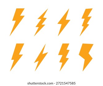 Yellow lightning bolt icon set. Minimalist icon set for thunder energy, power electric, flash symbols, weather electricity.  Lightning icon designs on white background.