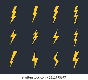 Yellow lightning bolt icon. Vector flash thunderbolt on dark backround. Symbol of electric power. Cartoon danger sign. Electricity arrow. Warning icons of danger.