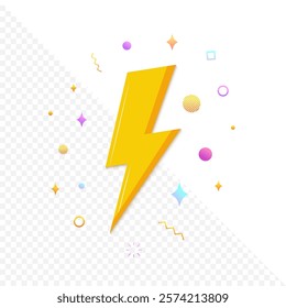 Yellow lightning bolt with icons around it. Flash symbol, thunderbolt. Simple lightning strike sign. Vector EPS 10