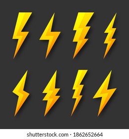 Yellow lightning bolt icons collection. Flash symbol, thunderbolt. Simple lightning strike sign. Vector illustration.