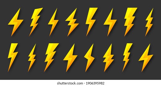 Yellow lightning bolt icons collection. Flash symbol, thunderbolt. Simple lightning strike sign. Vector illustration.