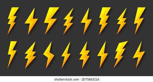 Yellow lightning bolt icons collection. Flash symbol, thunderbolt. Simple lightning strike sign. Vector illustration.