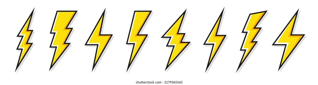 Yellow lightning bolt icons collection. Flash symbol, thunderbolt. Simple lightning strike sign. Vector illustration.