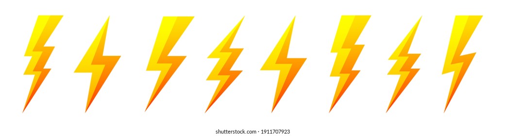 Yellow lightning bolt icons isolated on white background. Flash symbol, thunderbolt. Simple lightning strike sign. Vector illustration.