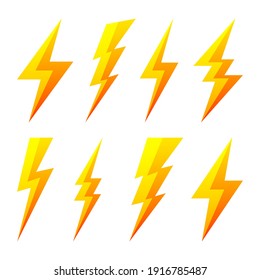 Yellow lightning bolt icons isolated on white background. Flash symbol, thunderbolt. Simple lightning strike sign. Vector illustration.