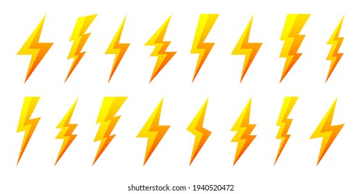 Yellow lightning bolt icons isolated on white background. Flash symbol, thunderbolt. Simple lightning strike sign. Vector illustration.