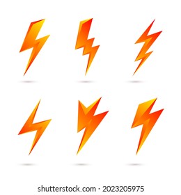 Yellow Lightning Bolt Icons Isolated on White Background. Simple Icon Storm or Thunder and Lightning Strike. Simple Cartoon Lightning Strike Sign with Shadow Effect
