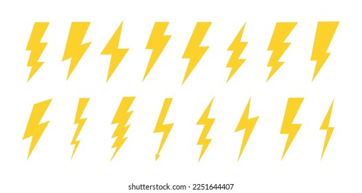 Yellow lightning bolt icons isolated on white background. Flash symbol, thunderbolt. Simple lightning strike sign. Vector illustration