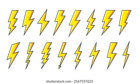 Yellow lightning bolt icons isolated on white background. Flash symbol, thunderbolt. Simple lightning strike sign. Vector illustration