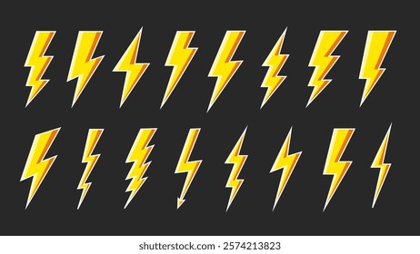 Yellow lightning bolt icons isolated on black background. Flash symbol, thunderbolt. Simple lightning strike sign. Vector illustration