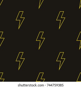 Yellow Lightning Bolt Outline On Dark Brown Background. Seamless Pattern. Vector Illustration.