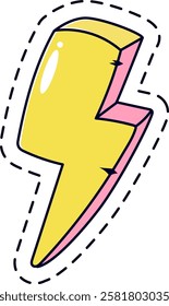 Yellow lightning bolt with pink details and dashed outline striking down, representing power, energy, and electricity in a vibrant and dynamic way