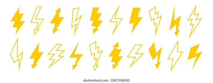 Yellow lightning bolt set. Solid and outline thunder bolt symbol collection. Flash thunderbolt element pack for poster, banner, graphic design, card. Orange strike arrow signs bundle. Vector